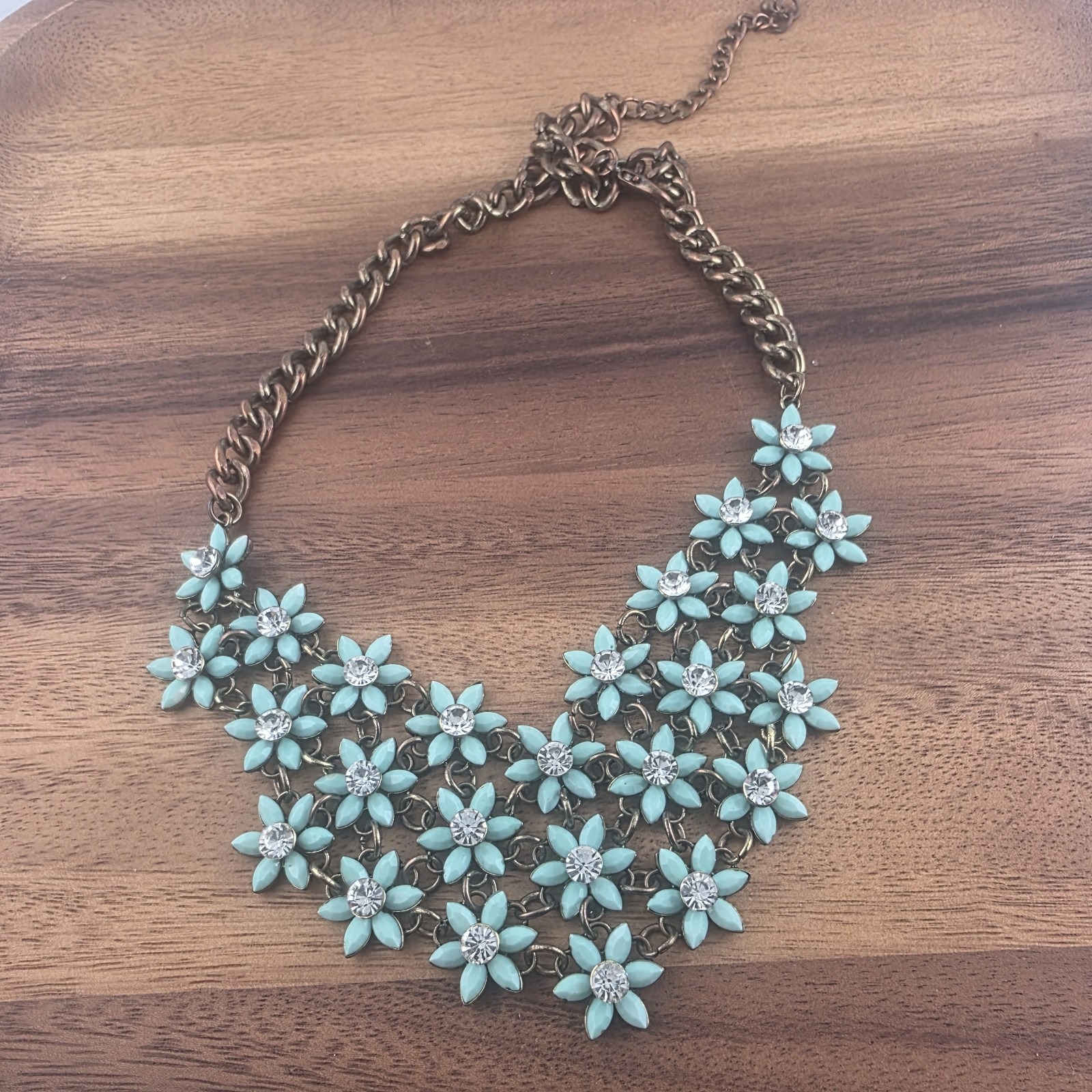 Vtg Turquoise Blue Enamel Daisy Floral Waterfall Rhinstone Statement Necklace